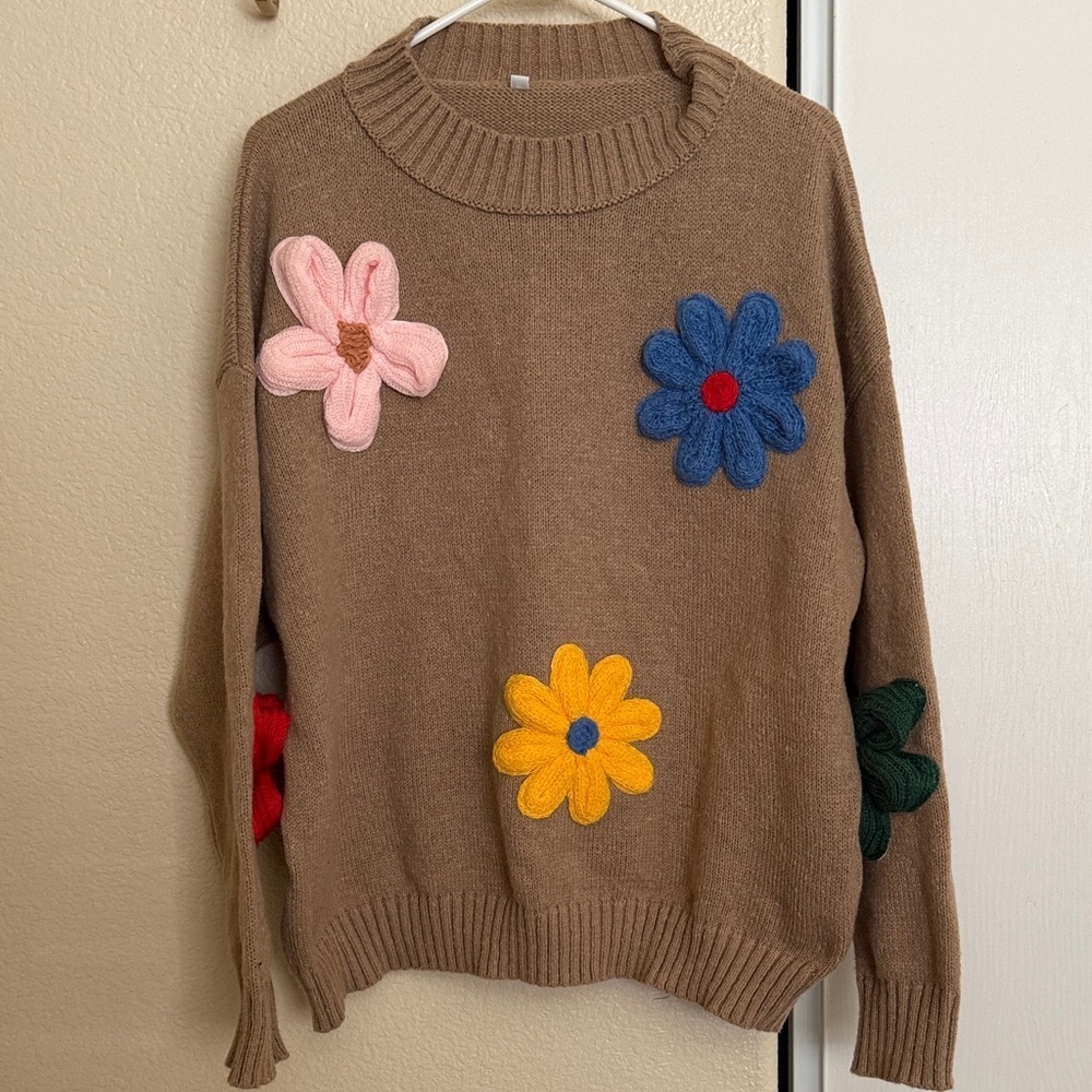 Brown Floral Appliqué Crewneck Sweater